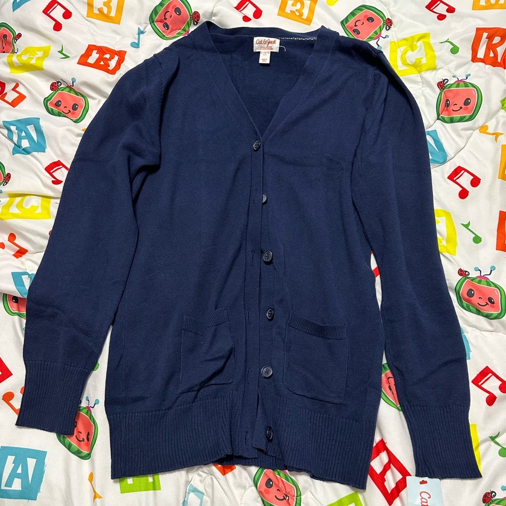 Cat and jack navy blue cardigan, youth size 14, new with tags.